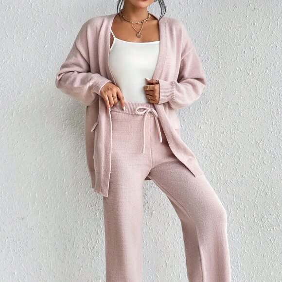 Pink Casual Womens Drop Shoulder Cardigan & Tie Front Knit Pants - Picture 6 of 6